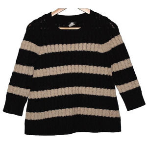 Women's J. Crew Black Tan Merino Wool Knit Crewneck 3/4 Sleeve Sweater Size XXS